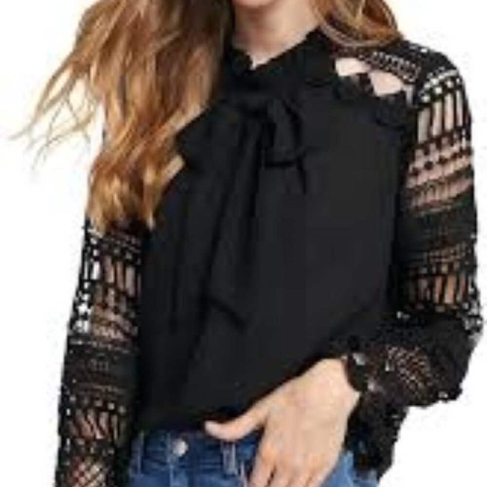 ASO OK! & Buzzfeed Black Long-Sleeve Crochet Lace Blouse Neck Tie Keyhole Sz M‎